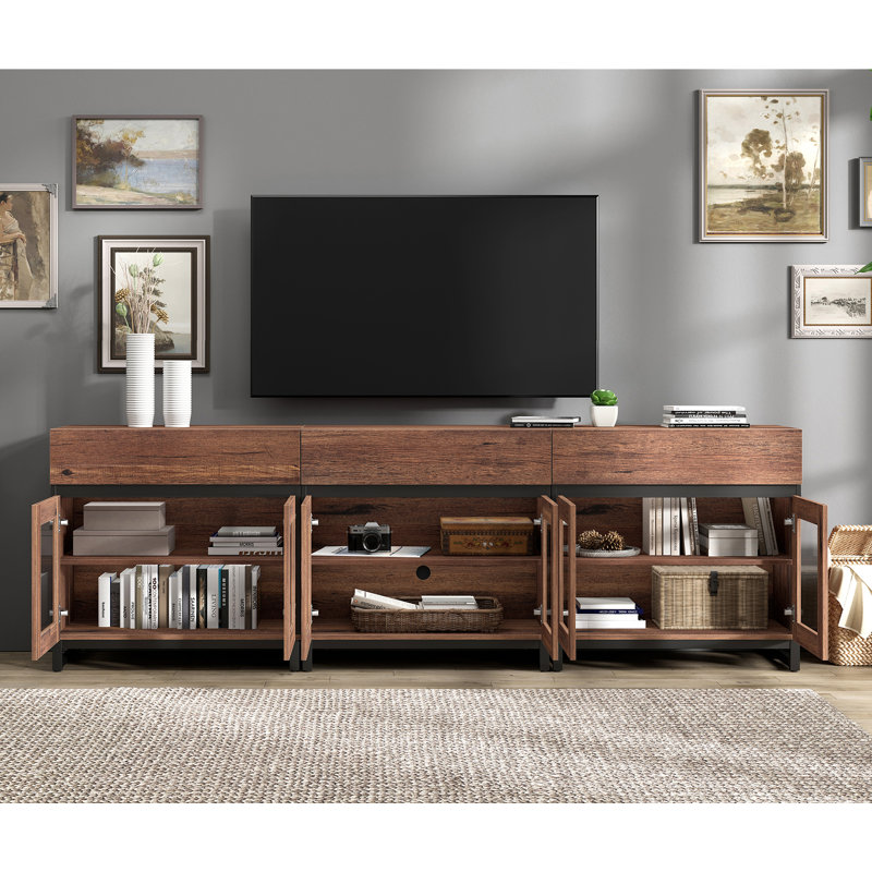 Modern TV Stand With Glass Doors For 110 Inch Tvs, 3 In 1 Entertainment Center Console With 3 Drawers And Metal Base For Living Room, Bedroom