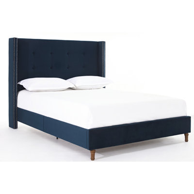 Queen Bed Frame With 54" Headboard, Stylish Hand Buttoned Tufting, Nailhead Trimmed Wingback, Blue Velvet, No Box Spring, Simple Build Process Charming Spring Not Required, Easy Assembly