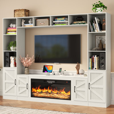 103" Entertainment Centre/TV Stand With Electric Fireplace For Tvs Up To 80" With Charging Station, Barn Door Cabinets, And Bookcase
