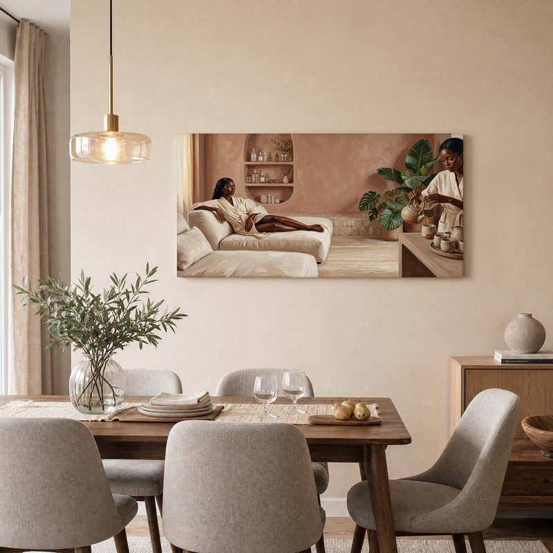 Deux femmes dans des robes qui versent du thé dans une salle de spa, art mural, 58“W x 28”H