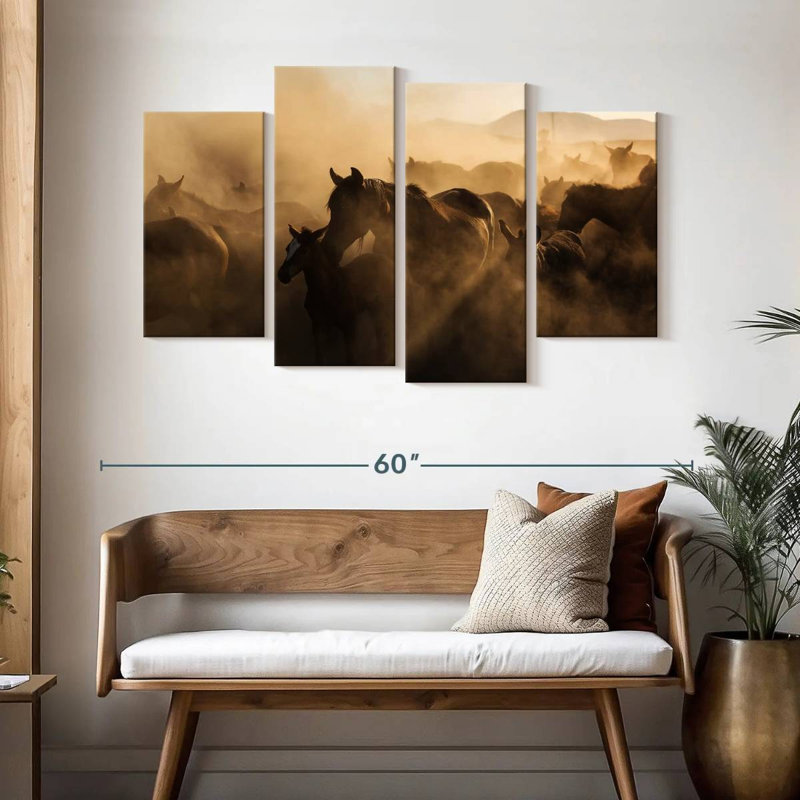 Brampt, chevaux sauvages au coucher du soleil, H 32 po x l 52 po
