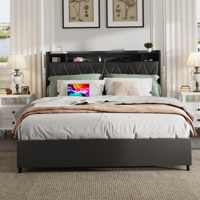 Base de lit double, tête de lit ergonomique, plateforme, prises, chargeur, tablette de rangement, Noir, noir, noir, noir