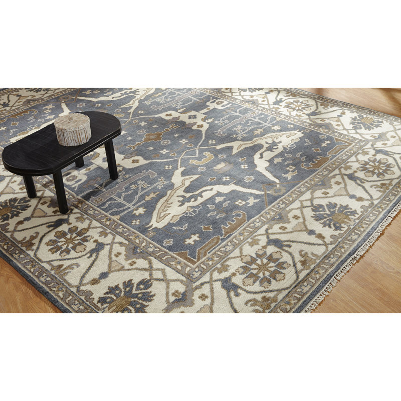 Mitul Wool Oriental Area Rug in Blue/Ivory, Rectangle 9' x 12'