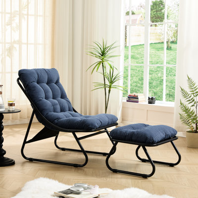 Fauteuil inclinable de jardin avec repose-pieds, fauteuil suspendu confortable, coussin moelleux, idéal pour un coin lecture, structure noire, coussin bleu marine, supporte jusqu'à 136 kg, style moderne, revêtement en poudre d'acier, velours côtelé 300 g/m²