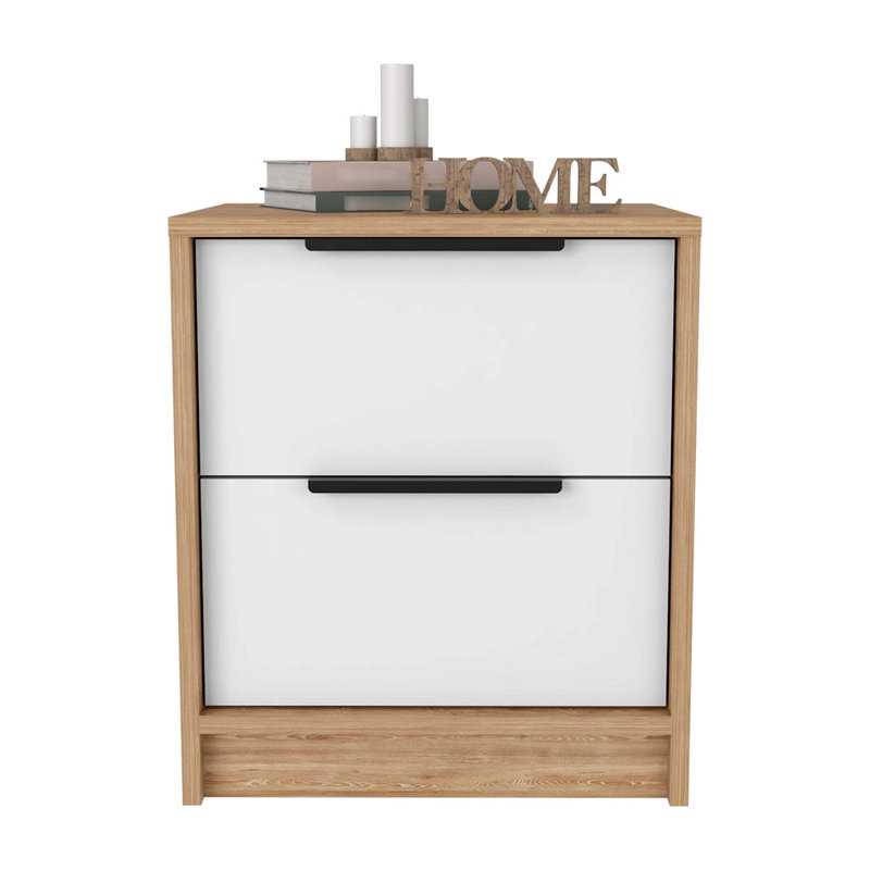 Table de chevet, deux tiroirs, poignée en métal, finition blanc / pin