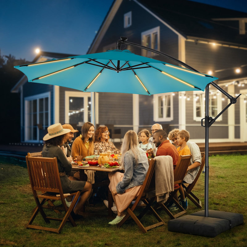 Parasol en porte-à-faux de 120 po, parasol de patio suspendu décalé de 10 pi avec 32 lumières DEL et inclinaison facile, abat-jour de parasol extérieur commercial pour la cour, la piscine, la plage et le jardin