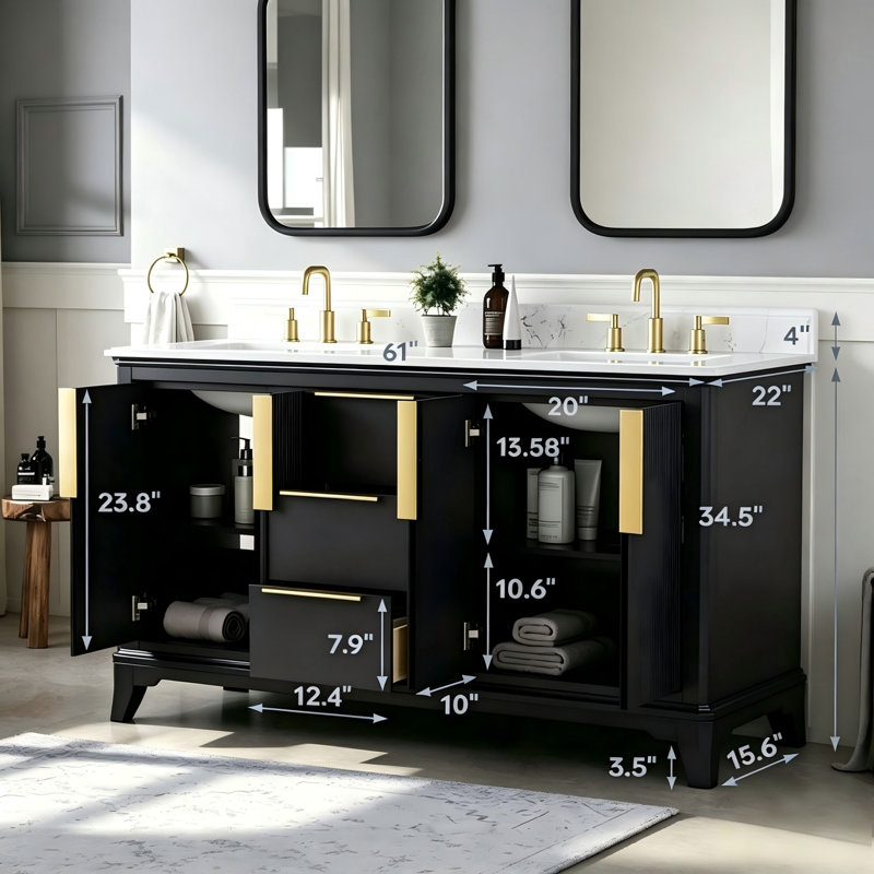 Meuble-lavabo autoportant à double vasque de 60 po de largeur, bleu nuit, avec comptoir et dosseret en pierre reconstituée de Carrare (assemblé).