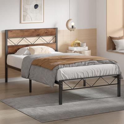 Abigael Industrial Metal Platform Bed Frame with Wood Headboard, Underbed Storage, Noise-Free, No Box Spring Needed-Twin/Full/Queen Size Bed Frames by Lark Manor