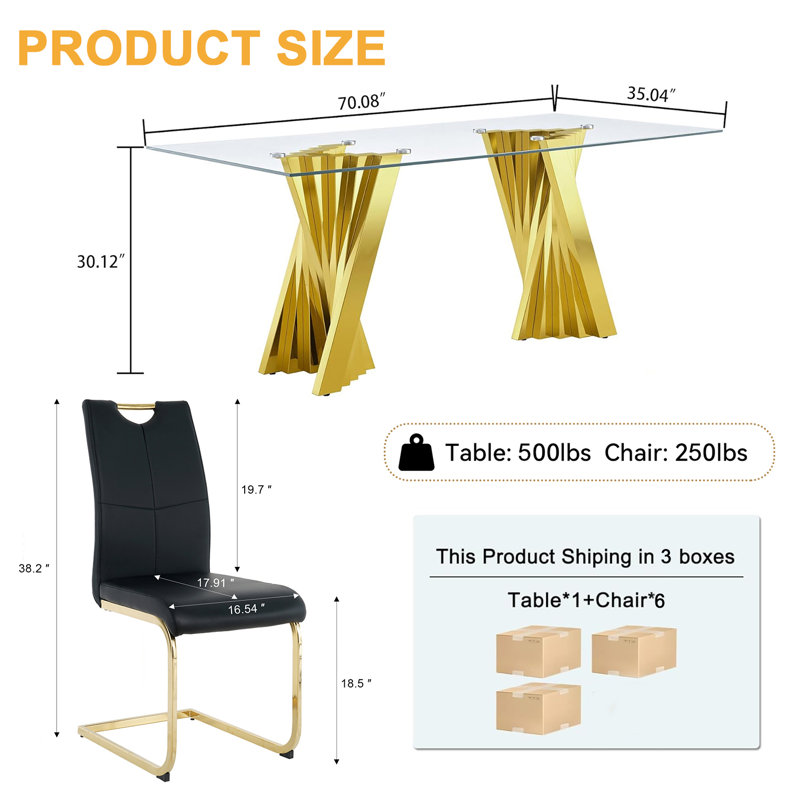 Glass Dining Table Set, 70" Glass Kitchen Table Set, Rectangle Dining Room Table with Dining Chairs, Modern Glass Dinner Table and Chairs Set