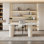 Bureau 70,87 po beige, plateau de table en pierre frittée blanc brillant, bureau de direction, bureau ovale