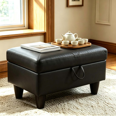 Rectangular Tufted Faux Leather Storage Ottoman Bench with Slow Close Lid, Multi-Use Footrest Stool for Living Room Bedroom Entryway, Black