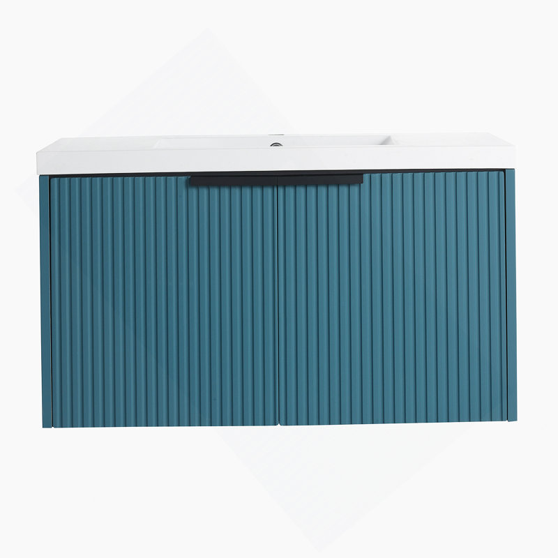 Meuble-lavabo mural avec lavabo en résine et portes à fermeture en douceur, offrant beaucoup de rangement et une conception moderne pour améliorer la salle de bain