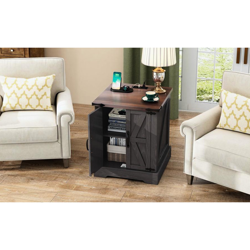 Table de bout avec charge intégrée - Tablette latérale réglable en noyer gris et porte de grange pour portes de chambre à coucher