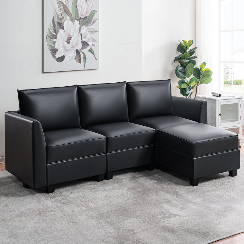 Canapé modulaire convertible en L Rudis, Similicuir noir