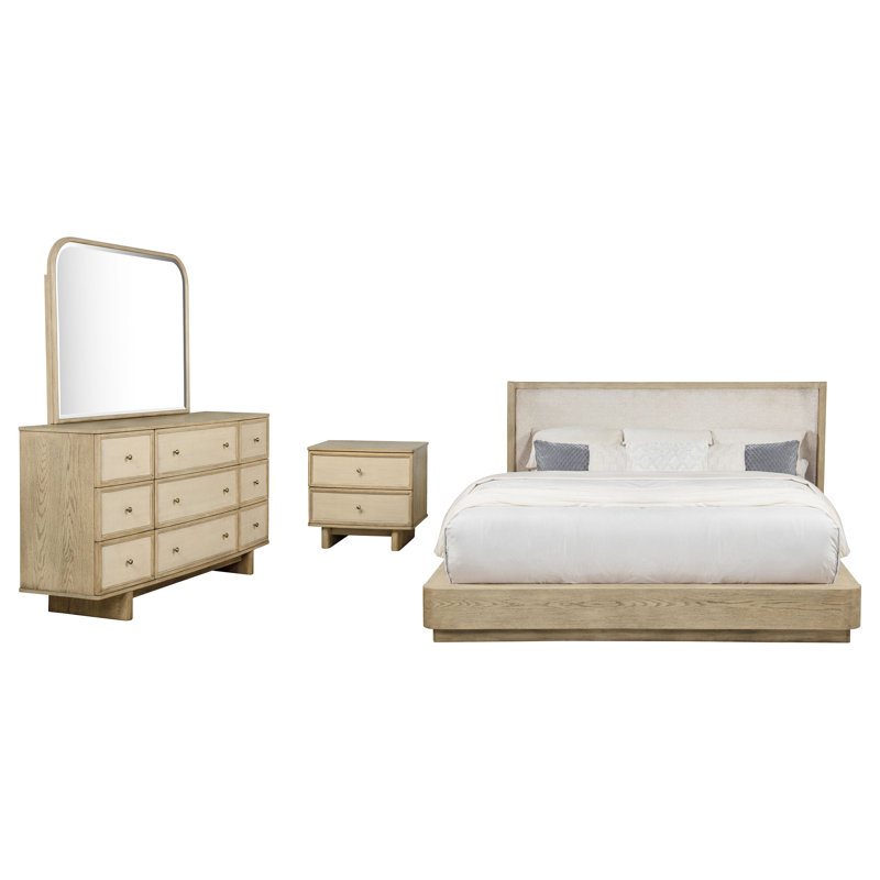 Ensemble de chambre à coucher grand lit 4 pièces Lno, canne en résine, bois beige, revêtement beige, Grand lit