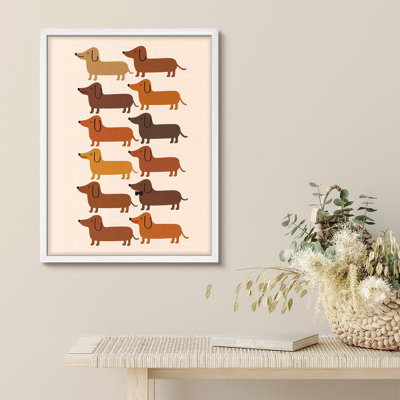 Cute Dachshunds Framed Print Wall Art - Cartoon Wiener Dog Illustration in Earthy Tones, Fun and Whimsical Artwork for Living Room, Entryway, or Kids' Room Decor