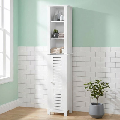 Tall White Bathroom Storage Cabinet with Open Shelves and Vented Door, Slim Linen Cabinet for Compact Bathroom Organization, Santorin Collection