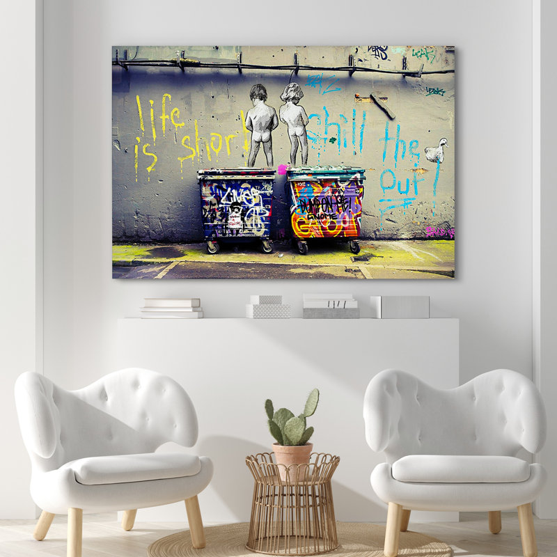 Pop Urban Street "Life Is Short, Chill The Duck Out Banksy Colorful Framed Canvas Print Wall Art, Wrapped Canvas, No Frame