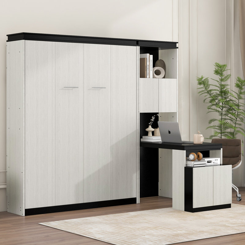 Lit escamotable double avec bureau, tablettes et armoires de rangement, noir et blanc