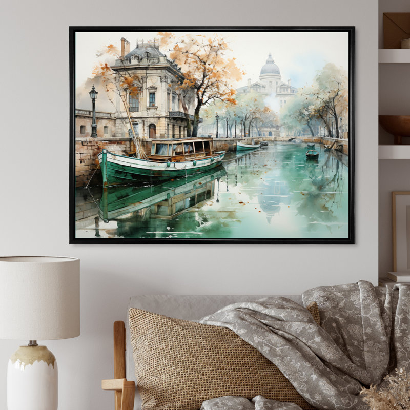 Paris Canal Saintmartin Reflections I - Cityscapes Canvas Wall Art, H 12 po x l 20 po x P 1 po, Cadre flottant noir