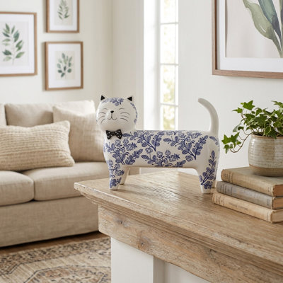 Decorative Floral Ceramic Cat Figurine Sculpture with Bowtie Accent for Tabletop Home Decor - Patterned Animal Object for Living Room Decorations