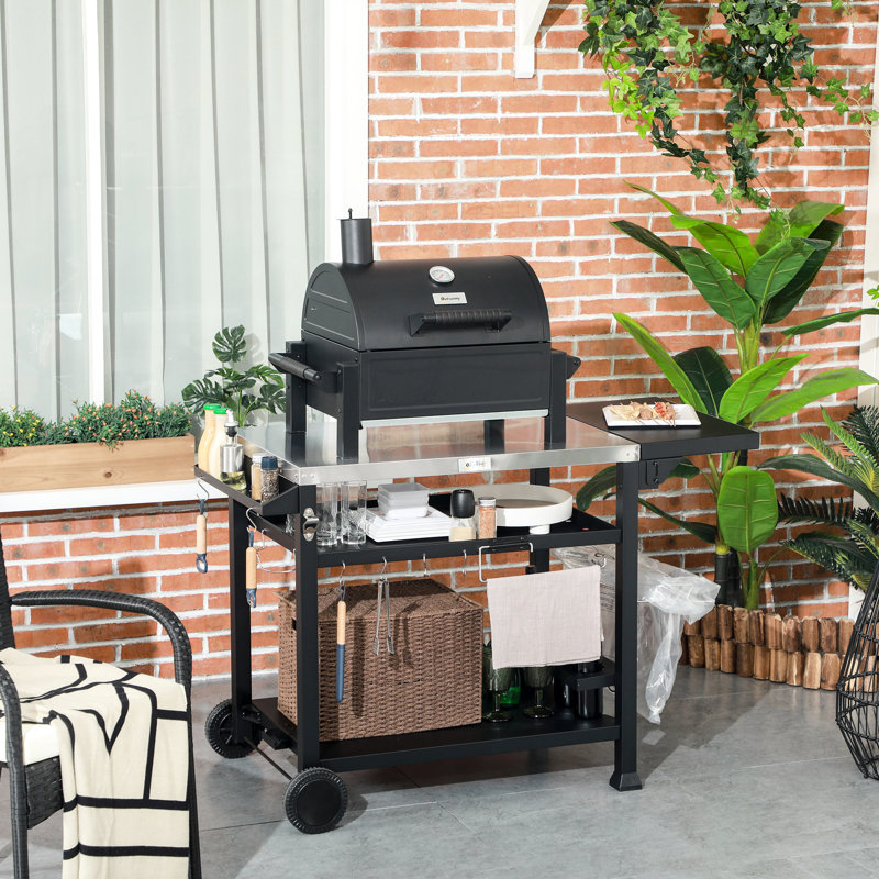 Chariot de barbecue extérieur avec support pliable, 46 po x 21,75 po, acier inoxydable, station de préparation, table pliante noire