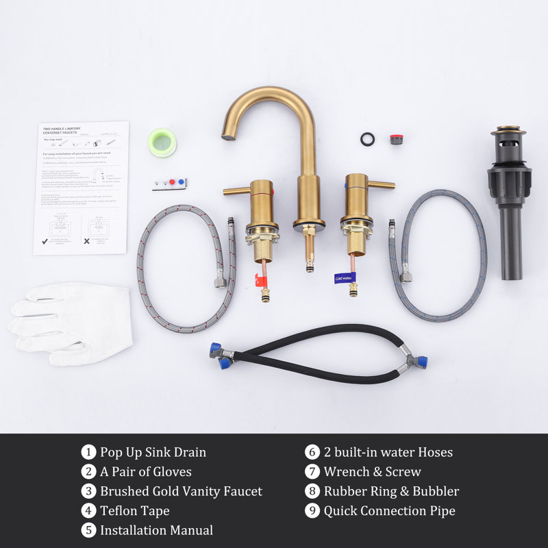 Widespread 2-handle Bathroom Faucet with Drain Assembly, Gold