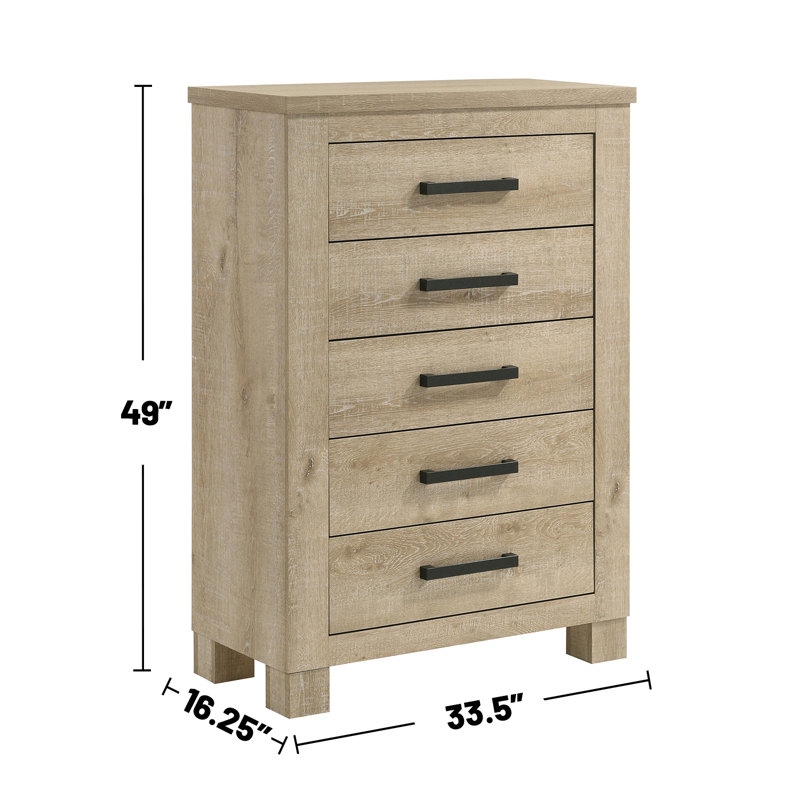 Commode 5 tiroirs en bois avec poignées bronze foncé et chêne vieilli