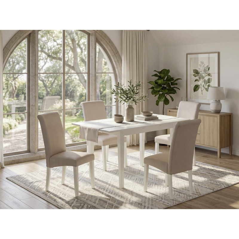 L'ensemble de salle à manger 5 pièces comprend une table de salle à manger rectangulaire avec feuille papillon et 4 chaises rembourrées en tissu de lin brun, acajou