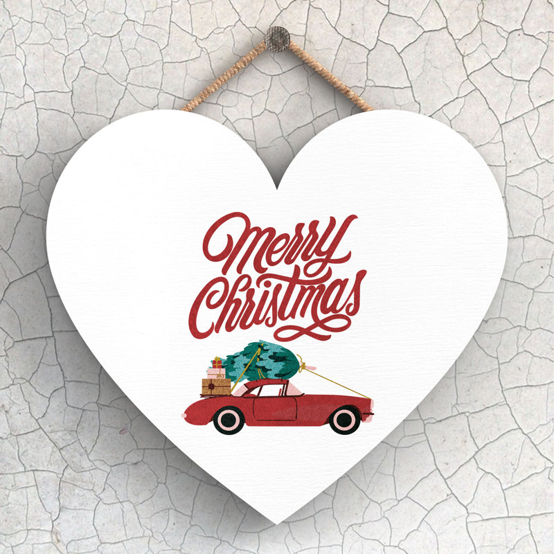 Xmas Merry Christmas Car Wooden Heart Plaque, 16cm H x 17cm W x 0.9cm D