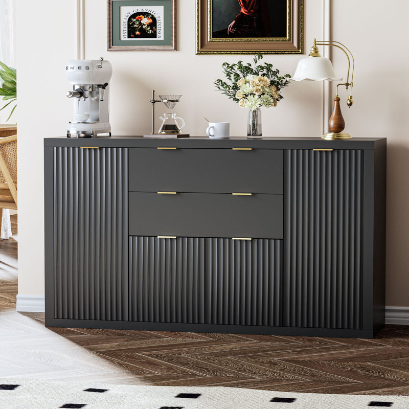 56” W Sideboard Buffet with 2 Drawers, Storage Cabinets, Buffet Table with Adjustable Shelves, Black