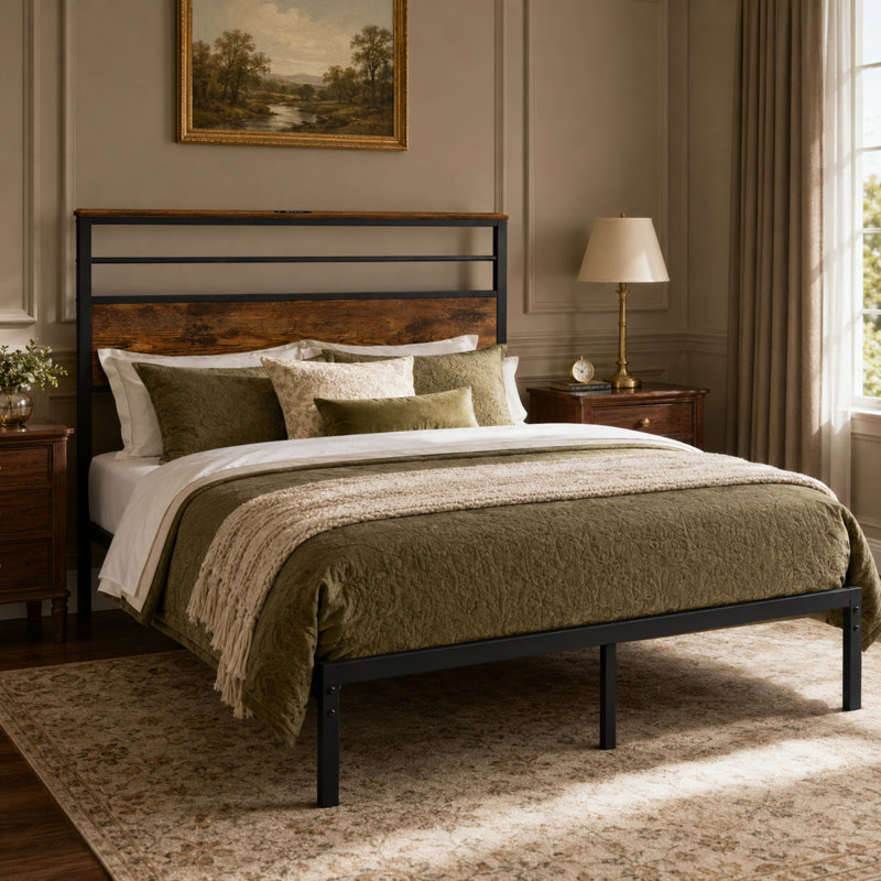 Base de lit plateforme avec station de charge et tête de lit, Black & Vintage Brown, Queen
