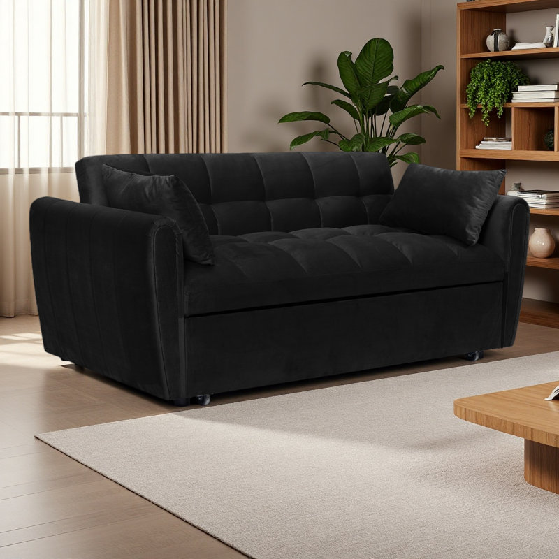 64.9-Inch 3-In-1 Foldable Large-Size Sofa Bed, Modern Velvet Double Sofa, Sofa Bed With Adjustable Back And Pillows, Black