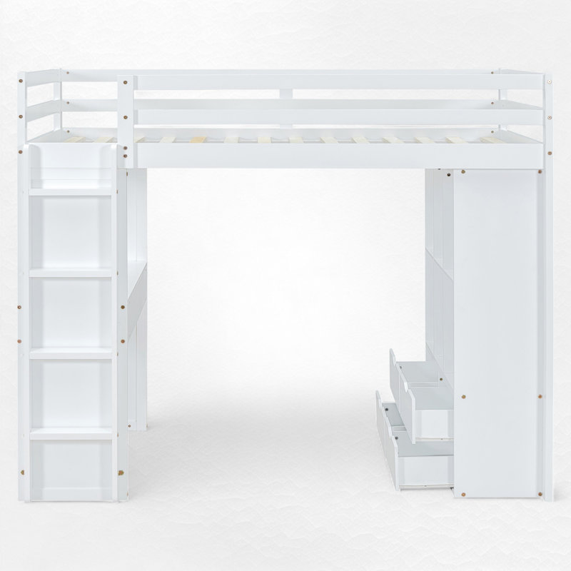 Lit mezzanine avec bureau intégré et rangement, Simple, Blanc