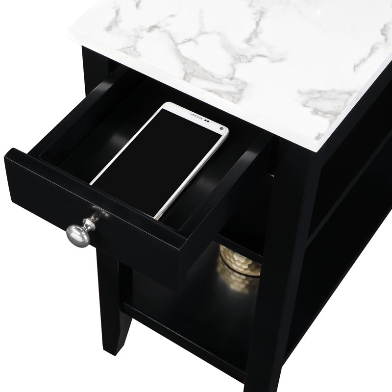 Carbin End Table with Drawer and Shelves, White Faux Marble Top/Black Base