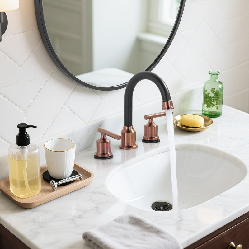 Robinet de salle de bain à large entraxe avec bonde, Rose doré / noir