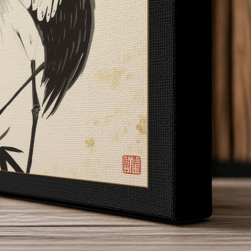 Crane Among Bamboo Japandi - Wrapped Canvas, 24x16 - 61.0 x 40.6 cm, Black Border