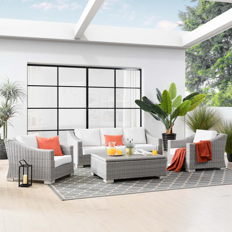 Modway Conway 4-Piece Outdoor Patio Wicker Rattan Furniture Set, White