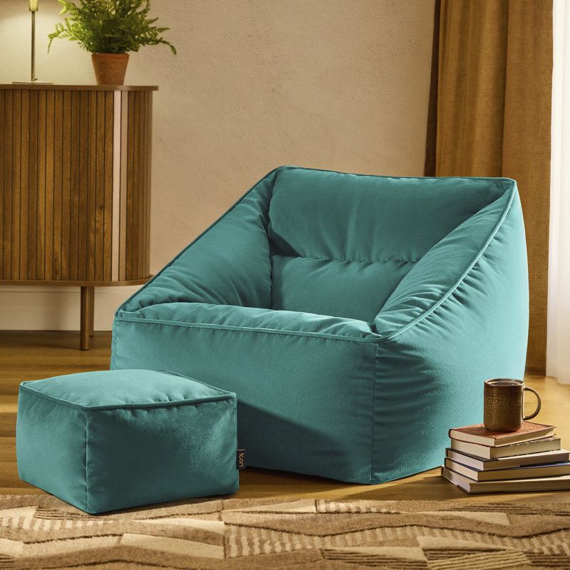 icon Natalia Velvet Adults Bean Bag Armchair and Pouffe, Ready Filled Large Beanbag and Footstool Forest Green, Teal Green