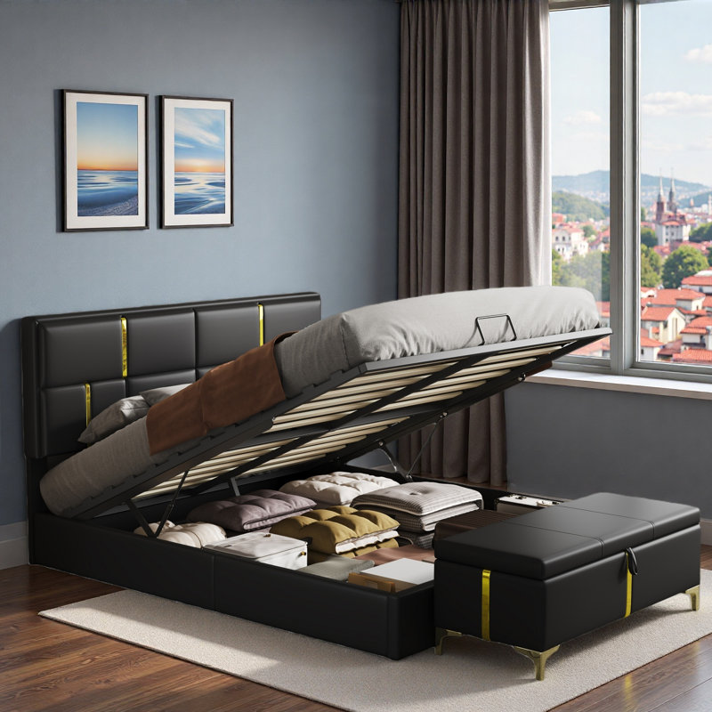 Les ensembles de chambre à coucher 2 pièces comprennent 1 lit plateforme tapissier avec système de rangement hydraulique, 1 repose-pieds avec rangement et pieds en métal