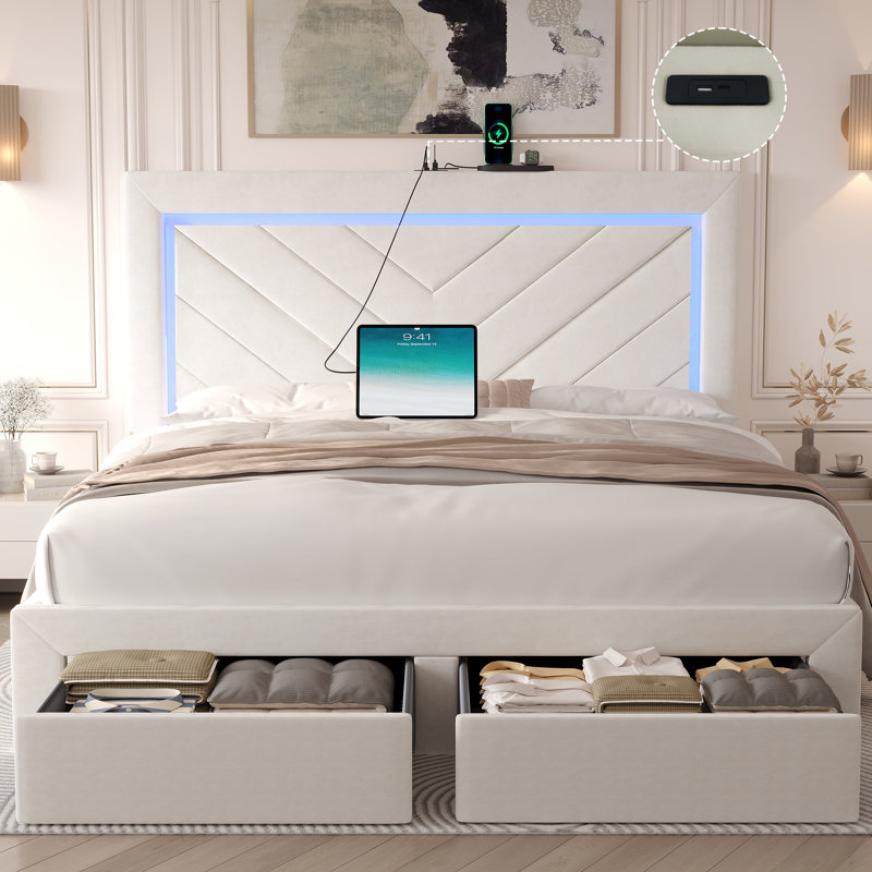 Upholstered Bed Frame with Adjustable Charged LED Headboard and Storage Drawers, Full / Double, Cream