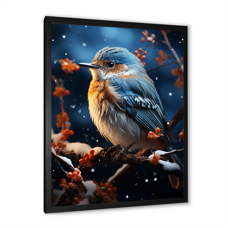 Oiseau bleu en hiver sérénité III - oiseau, art mural, Cadre simple noir, H 20 po x l 12 po x P 1 po