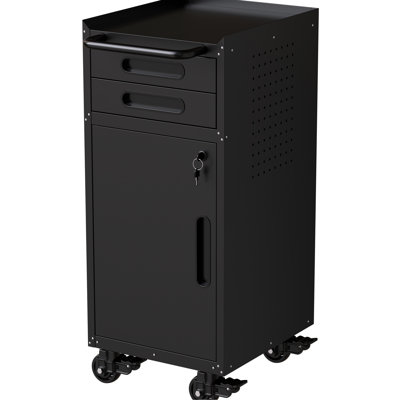 34.3" Narrow Rolling Metal Organizer - Compact Storage For Tight Areas, With Lockable Door, 2 Drawers And Swivel , Feature Space Garage Slim Design Lower Cabinet, Ergonomic Handle, Quick Assembly,