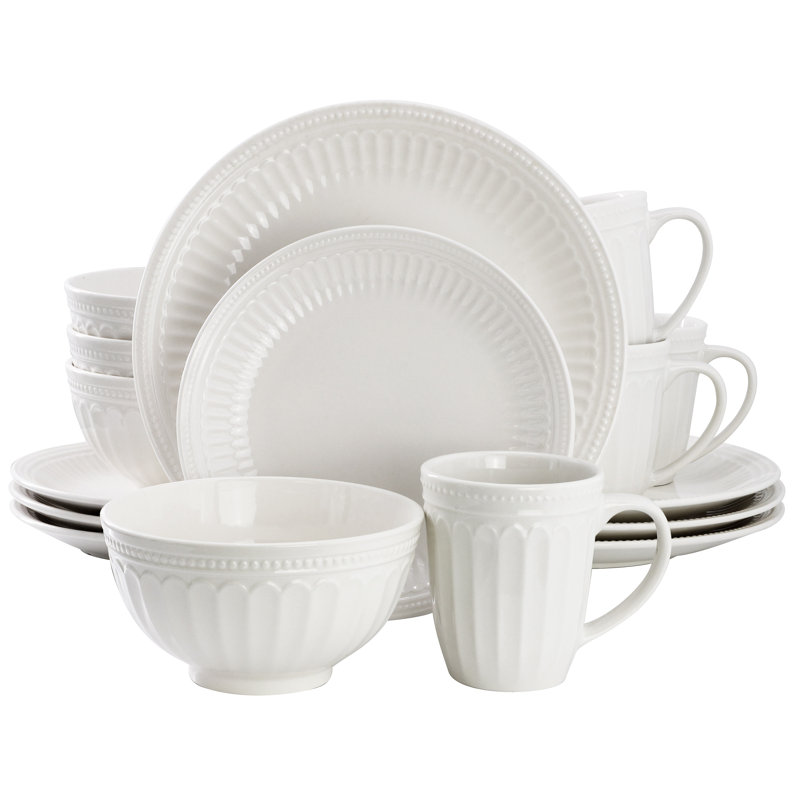 Elama Hansel 16 Piece Stoneware Dinnerware Set in White, Service for 4