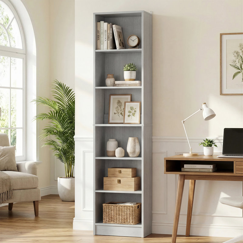 79.7"H 6 Shelf Bookcase With 2 Adjustable Shelves, Gray