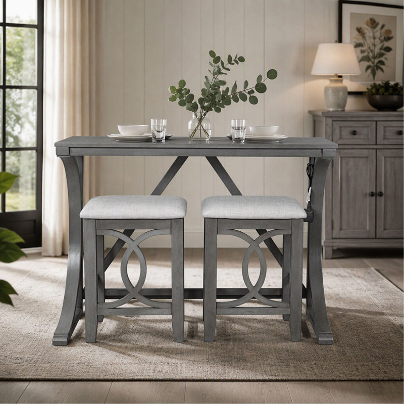 Ensemble de table et tabourets de bar de style campagnard, 3 pièces, avec port USB et tabourets rembourrés, Grey, Light Grey
