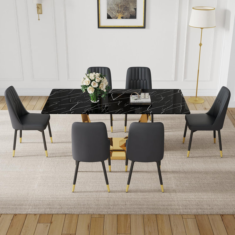 Ensemble de table de salle à manger 71 ", plateau en verre trempé avec pieds en métal, 7 pièces : table, 6 chaises, Noir