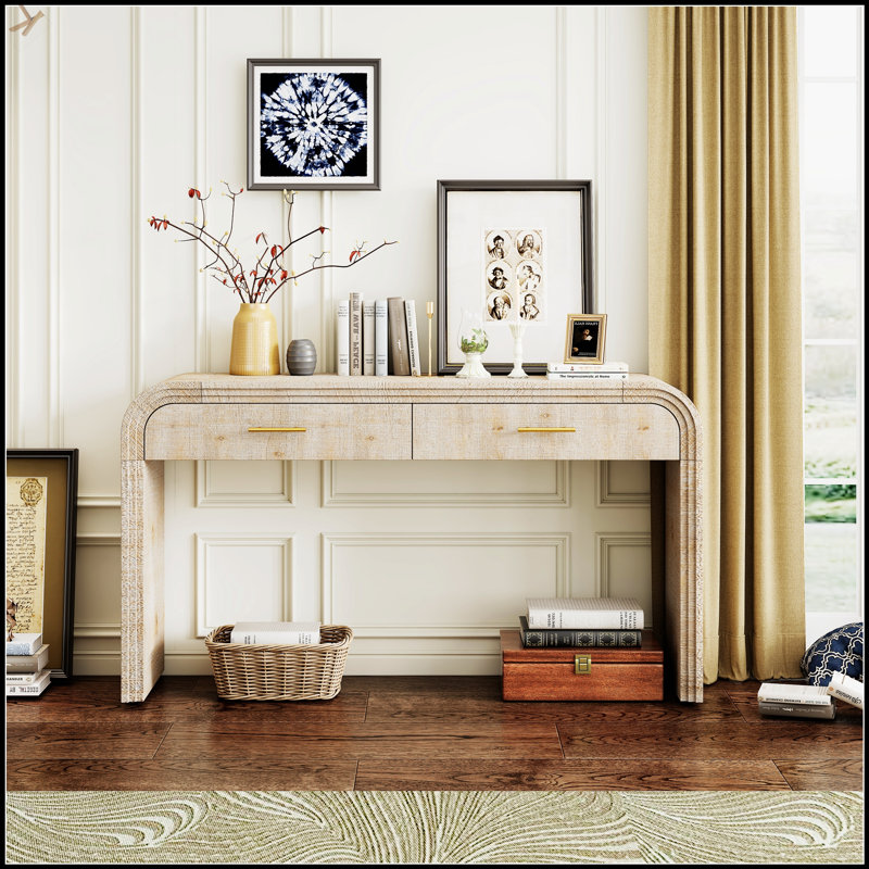 Console à silhouette rétro unique avec style ouvert, deux tiroirs supérieurs, parfaite pour un décor rétro et une utilisation polyvalente