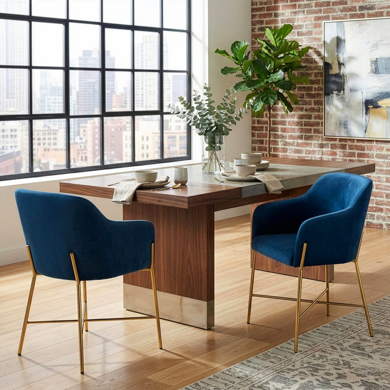 Chaise avec accoudoirs en velours bleu Vergas