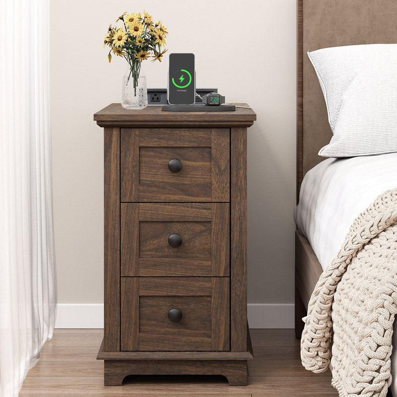 3 Drawers End Tables with Storage and Built-in Outlets for Living Room, Brown, Brown